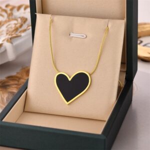 Heart Pendant Necklace in Gift Box – Black and Gold Tone Design