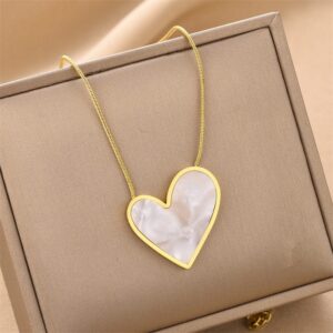 Pearlescent Heart Pendant Necklace with Gold‑Tone Border