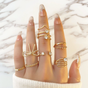 Gold Stackable Ring Set with Crystals - 8 Pcs
