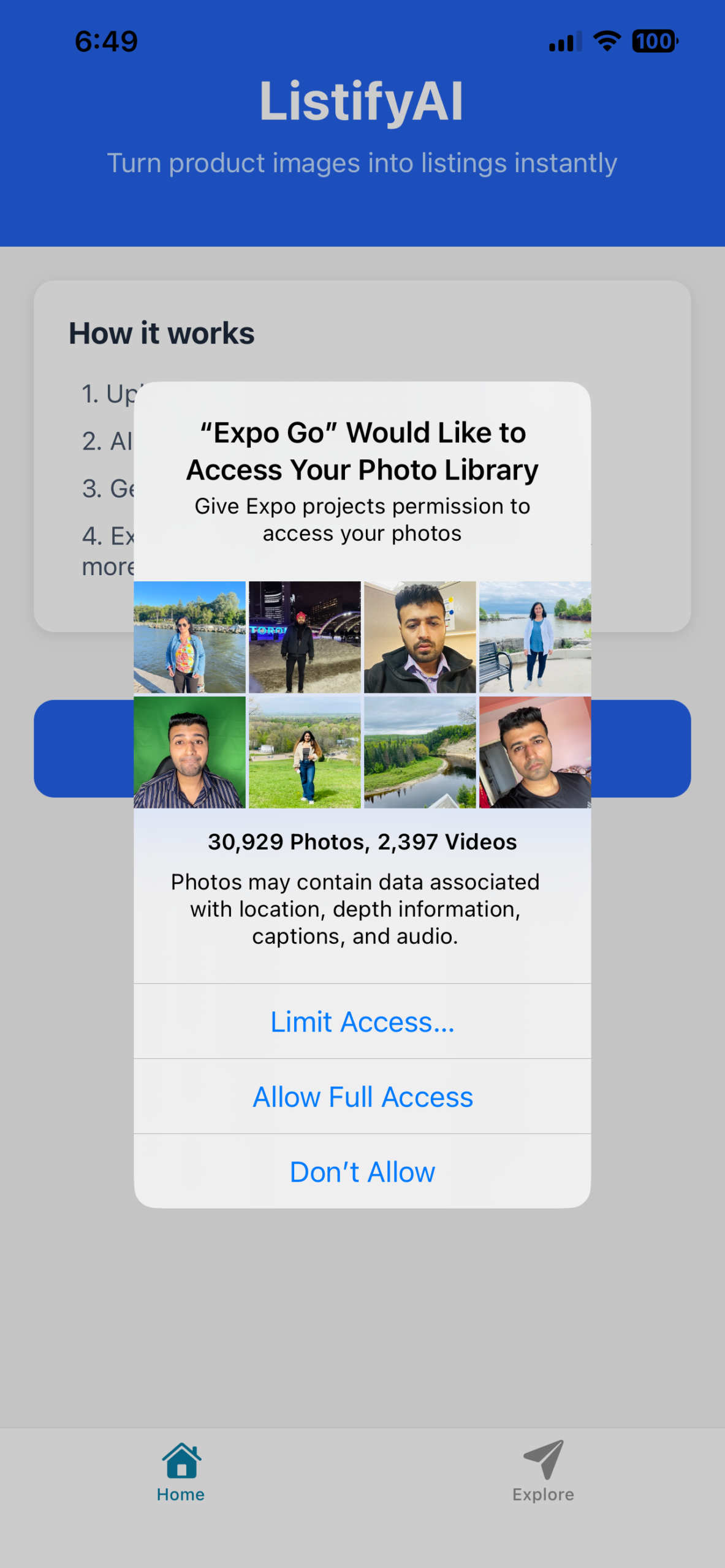 ListifyAI Mobile App Photo Access UI